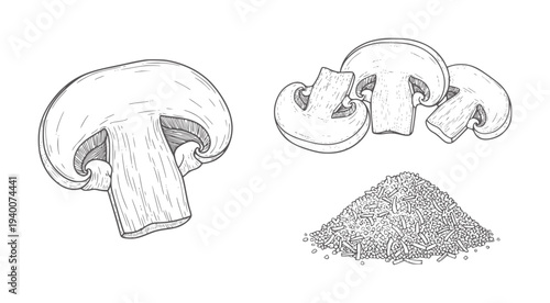 Hand drawn mushroom slices and pile of chopped mushrooms food ingredient cooking