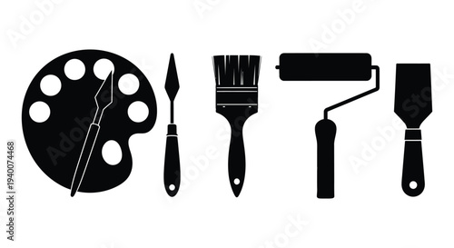 Black silhouette vector graphic collection showcasing essential artistic and painting tool implements