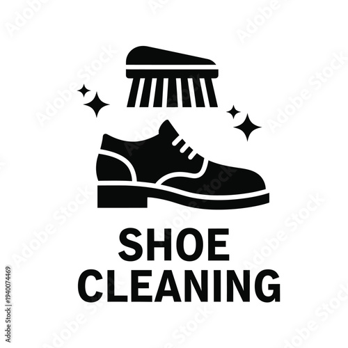 A simple black glyph depicts a shoe being polished with a brush accompanied by the text shoe cleaning high quality professional detailed modern elegant