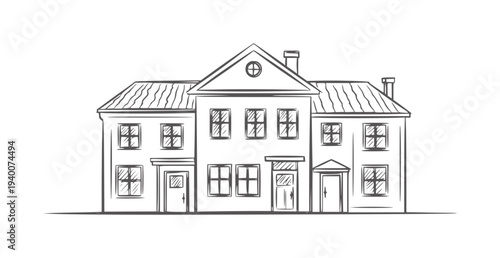 Hand drawn of a two story building with multiple windows and doors house architecture