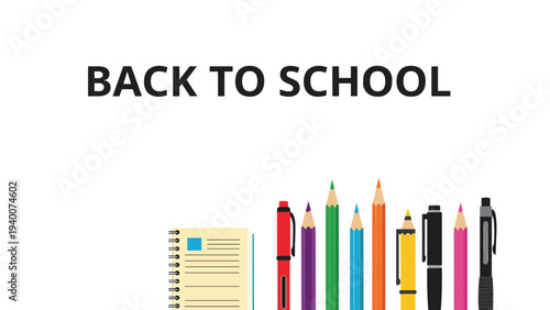 Back to school concept with educational supplies including colorful pencils pens and a spiral notebook on white background.