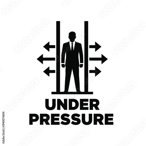 A silhouetted businessman stands within vertical lines facing outward as arrows converge with the text under pressure below high quality professional detailed modern elegant