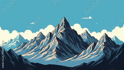 Majestic snow capped mountain peaks standing tall against a bright blue sky with white clouds in scenic alpine range.