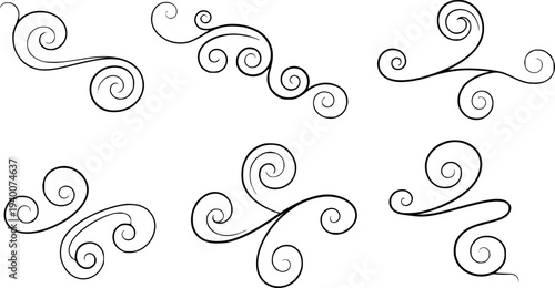 Black Swirling Flourish Ornaments Isolated White Background Decorative