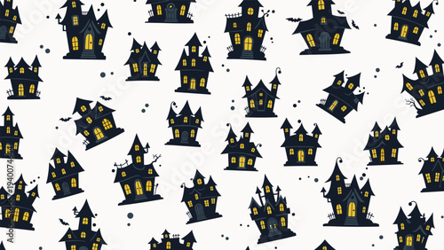 Seamless pattern featuring dark haunted houses with yellow glowing windows and bats on light background for halloween.