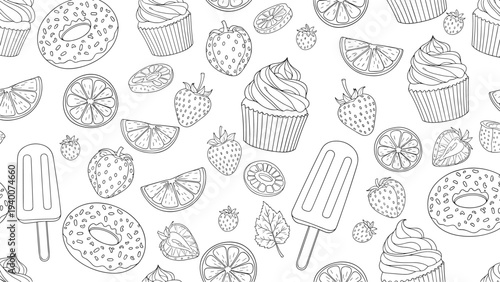 Seamless black and white line art pattern featuring a delicious variety of sweets including cupcakes, donuts, strawberries, and popsicles.