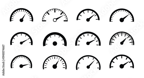 Collection of black vector speedometer and gauge icons for various measurement, performance, and progress indicators.