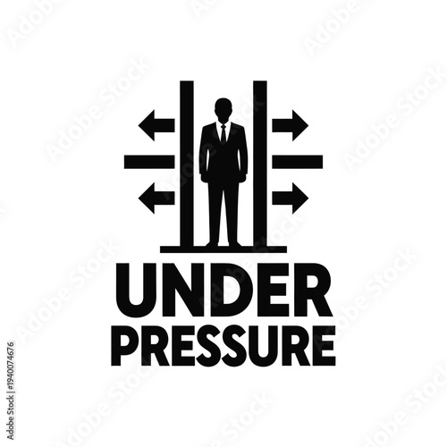 A silhouetted businessman stands between vertical lines with arrows pointing towards him symbolizing feeling overwhelmed and under pressure high quality professional detailed modern elegant