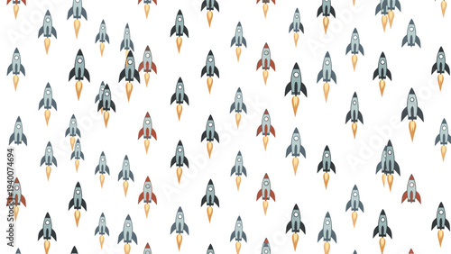 Energetic seamless pattern of colorful cartoon rockets and spaceships launching upwards against a plain white background for creative designs.