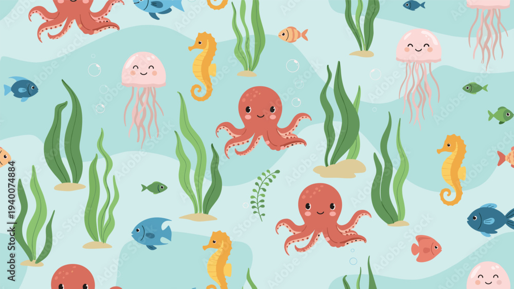 Obraz premium Adorable seamless sea life pattern featuring smiling octopuses, seahorses, jellyfish, and colorful fish among green seaweed.