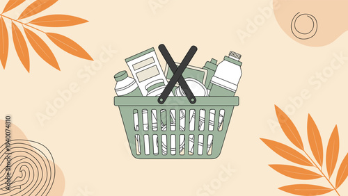 Green shopping basket filled with various hygiene and personal care products like shampoo and soap against a soft autumnal background.