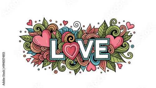Vibrant and colorful doodle art featuring the word love surrounded by hearts, swirls, and floral elements on a white background.