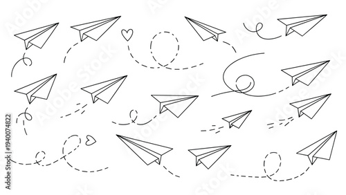 Set of simple black and white paper plane sketches with dotted flight paths and heart trail details on a white background.