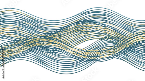 Abstract background composed of numerous thin intertwining wavy lines in shades of blue and gold on a plain white surface.