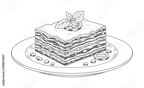 Hand drawn slice of lasagna with basil and tomato a plate food