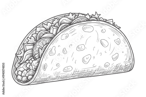 Hand drawn taco filled with lettuce tomato and meat in style food mexican cuisine