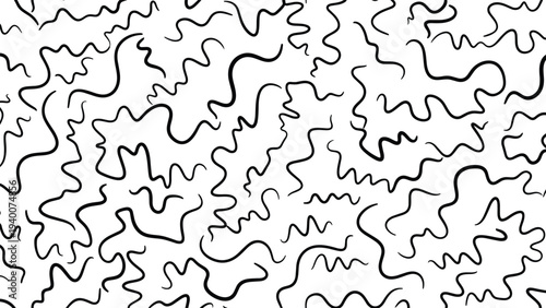 Minimalist seamless pattern featuring a dense network of black hand drawn squiggly lines on a clean white background.