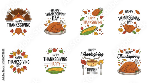 Set of colorful thanksgiving day labels and emblems featuring roast turkeys, corn, autumn leaves, and festive typography.