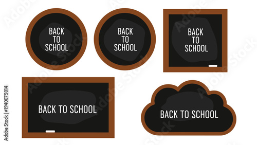 Collection of various chalkboard shapes with wooden frames featuring handwritten back to school text for educational design projects.