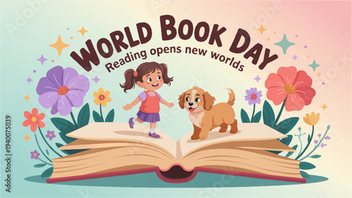 Whimsical illustration of girl and dog on book for world book day with flowers