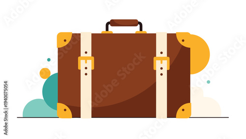 Vintage brown leather travel suitcase with cream straps and golden buckles set against a background of colorful abstract round shapes.