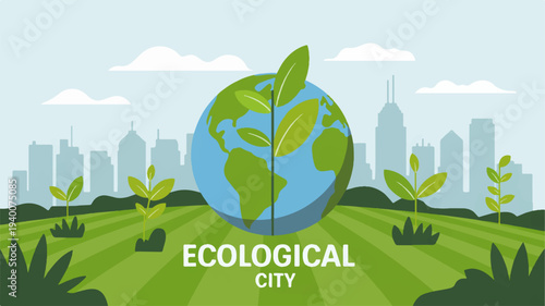 Ecological city concept with green globe and leafy landscape urban skyline background