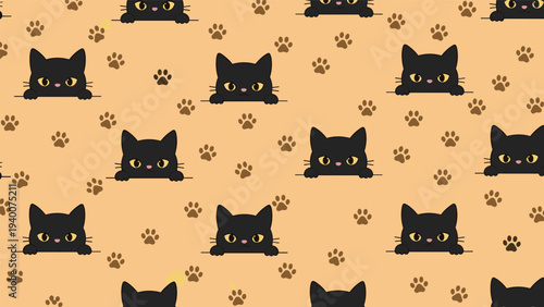 Cute seamless pattern with little black kittens peeking from the bottom and brown paw prints on a warm tan colored background.