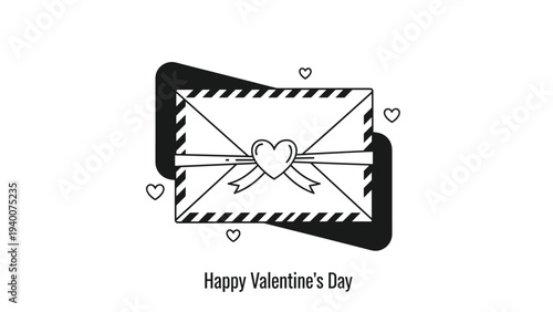 Minimalist black and white line drawing of a Valentine Day envelope with a heart shaped seal and small floating heart symbols.