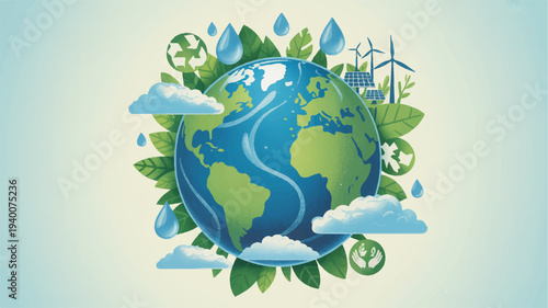 Earth surrounded by eco friendly symbols green leaves and blue clouds on a light background representing environmental conservation and sustainability