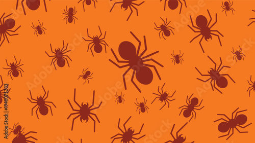Spooky seamless Halloween pattern of dark brown spiders and ants crawling across a vibrant orange background for festive decoration.