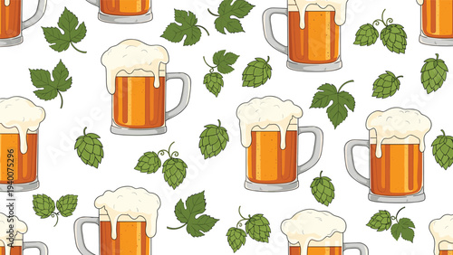 Seamless pattern of filled beer mugs with thick white foam and green hop leaves on a white background for brewery or pub themes.