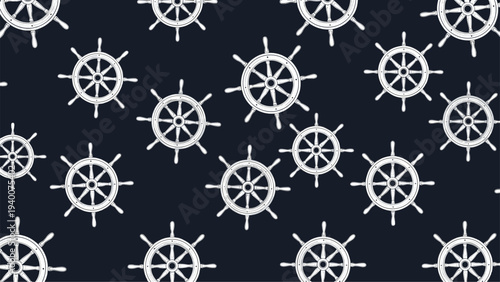 Nautical seamless pattern of white ship steering wheels in different sizes scattered on a dark navy blue background for sea themes.
