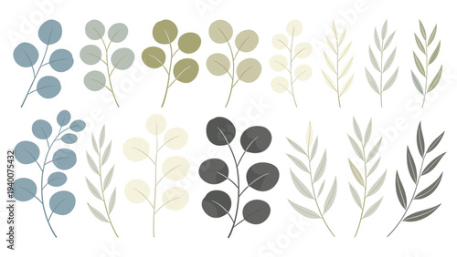 12 Diverse Plant Illustrations Displayed in Three Rows with Varied Leaf Colors and Artistic Styles