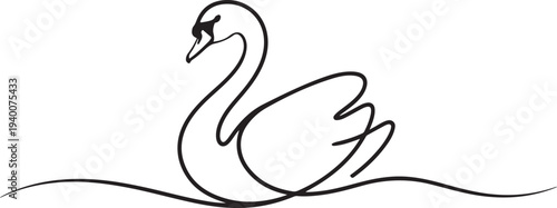 Elegant minimalist line art drawing of a swan floating gracefully on water