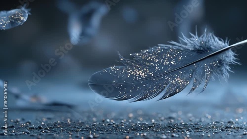 Falling Black Feathers on Dark Surface.