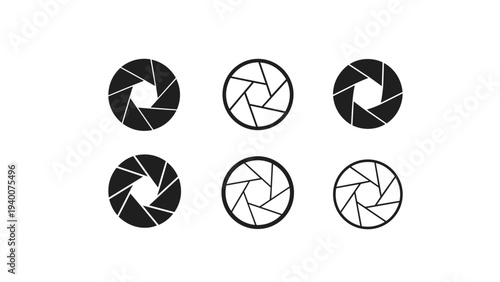 Collection of six camera aperture icons in different styles showing various blade configurations and lens opening sizes on white.