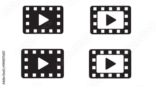 Film strip icons with play buttons for video playback interfaces, presented as a set of four black and white graphic elements.