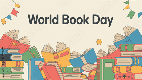 World book day banner with colorful books and flags on beige background