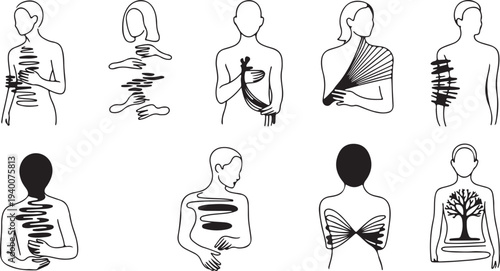 Illustrated human figures with abstract body modifications and symbolic designs