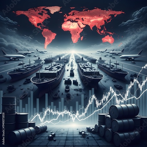 Global Economic Crisis Concept - Middle East War Oil Barrels Rising Price Charts Grounded Cargo Ships Airplanes World Map Glowing Region Dramatic Cinematic Illustration