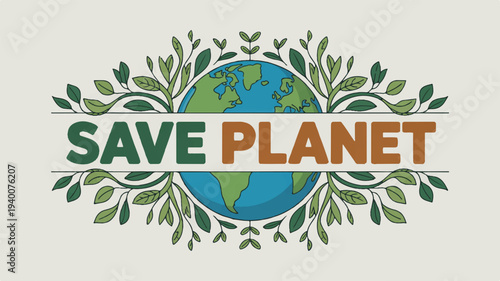 Eco friendly vector illustration of earth with save planet text surrounded by green leaves on a light background