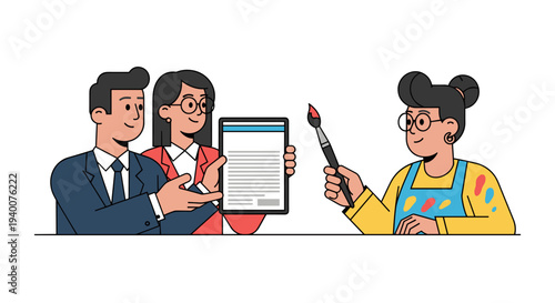 Creative Team Showing Digital Contract to Artist for Design Project Approval