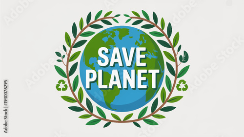 Earth surrounded by leaves with 'save planet' text eco friendly symbol green globe illustration