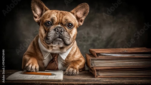 French Bulldog Studying at Desk with Books.