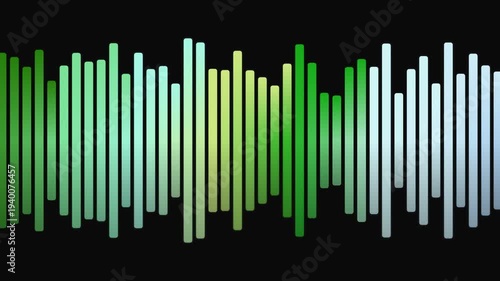 Dynamic Digital Audio Spectrum Visualization with Vibrant Green and Blue Gradient Bars on Black, Representing Pulsating Sound Waves and Modern Technology for Visual Impact