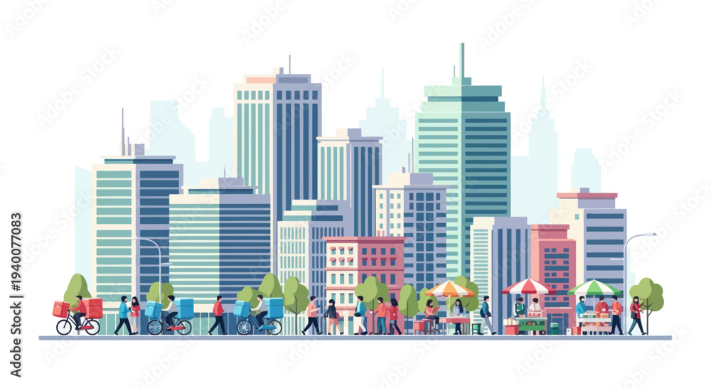 Obraz premium Modern Cityscape with Diverse People and Delivery Services