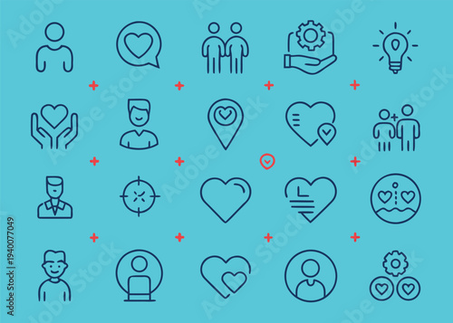 Twenty navy blue outline icons related to human interaction and care are presented on a turquoise background with red plus sign markers between the icons arranged in four rows.