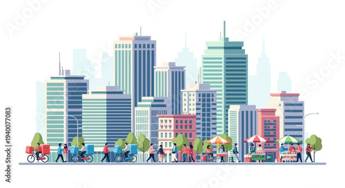 Modern Cityscape with Diverse People and Delivery Services