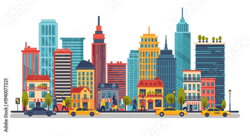 Vibrant Cityscape with Yellow Taxis and Diverse Buildings