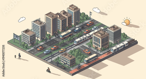 Isometric Pixel Art Cityscape with Buildings, Cars, and Public Transport
